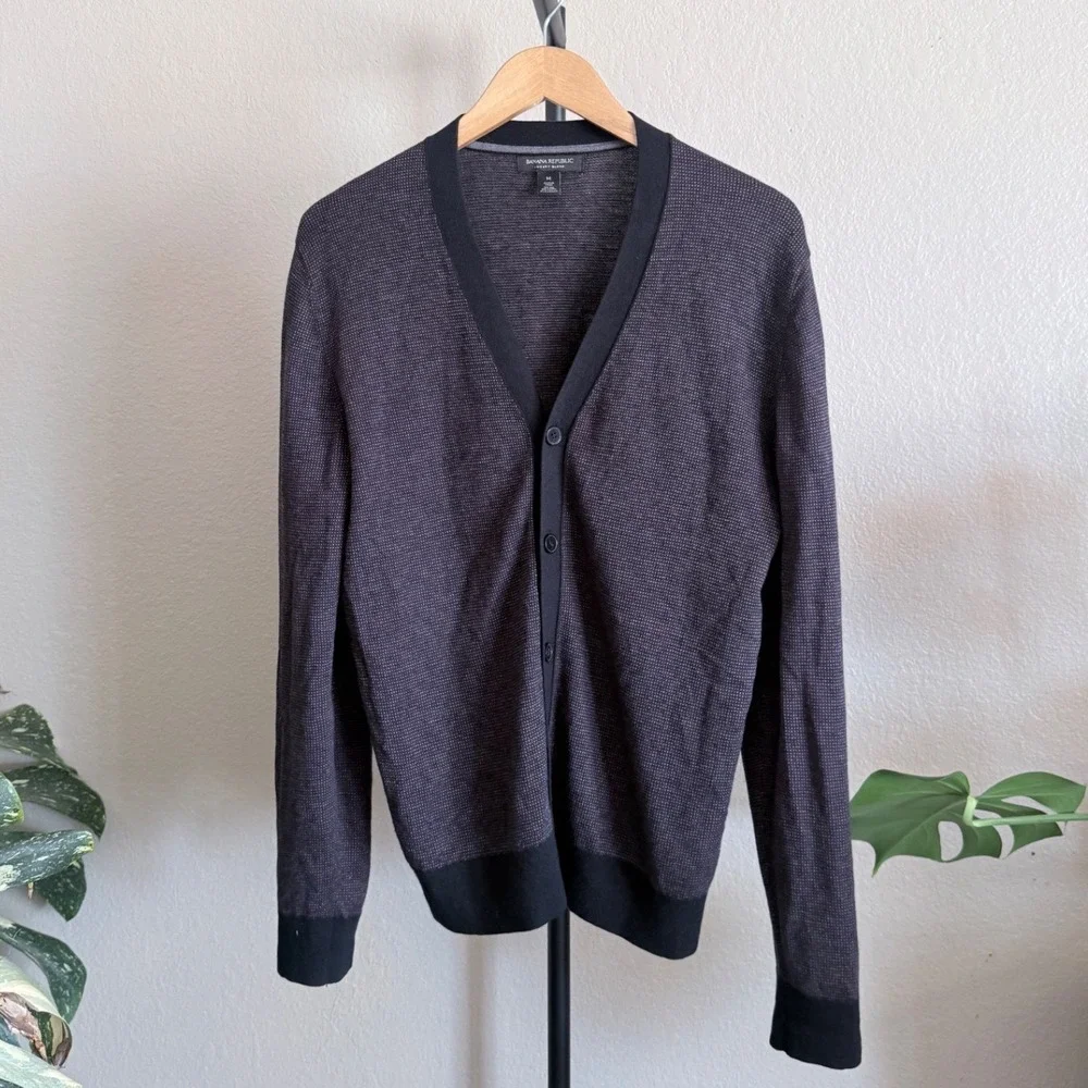 Banana Republic Mens Silk Cotton Cashmere Cardigan Sweater Purple Black Medium